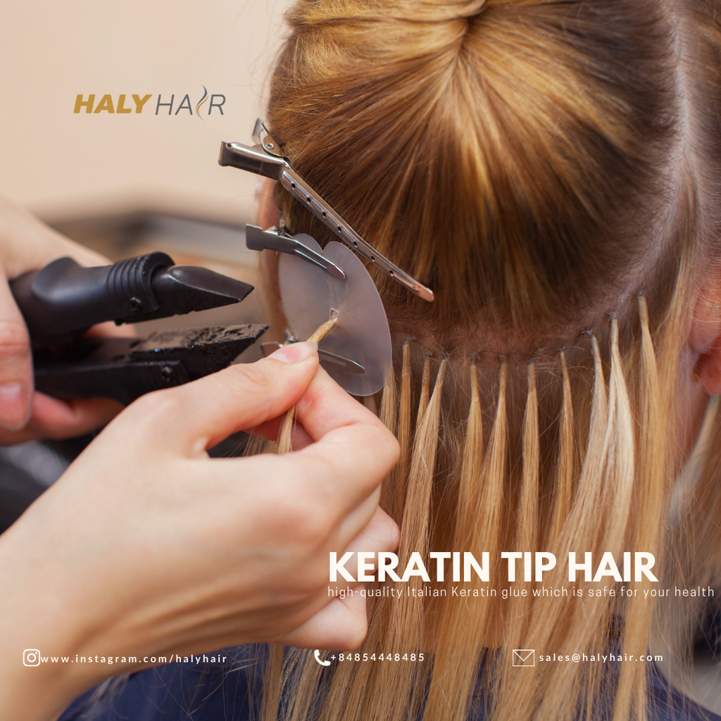 Keratin Tip hair extensions are hair extensions strands which have a silicone additive on root in different shape (I tip, U tip, V tip (also call K tip), Flat tip and Nanorings), this keratin Tip made of the same natural protein found in your hair.