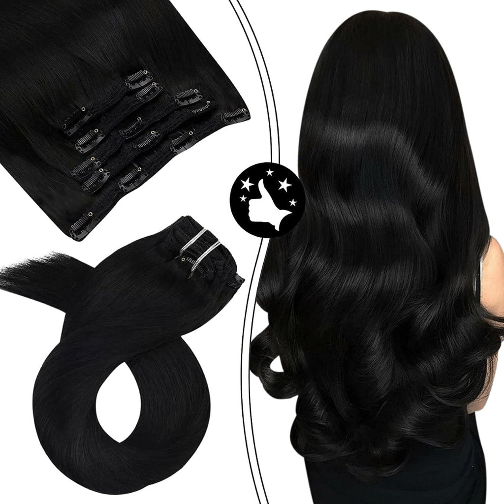 Clip - in hair extensions 5 piece set black color - HALY HAIR