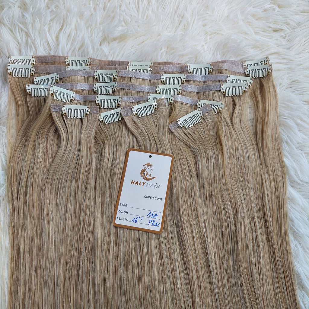 Clip - in hair extensions 5 piece set light blonde color - HALY HAIR