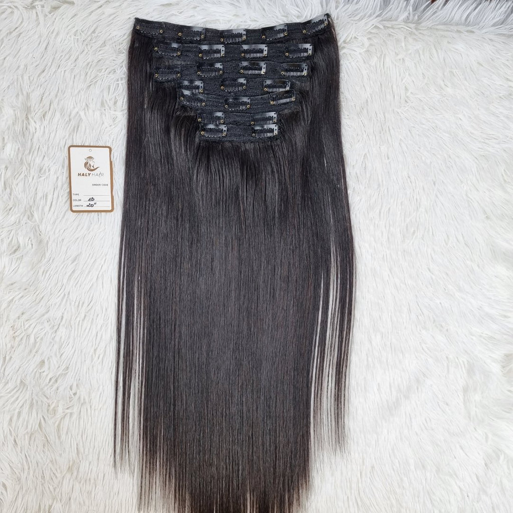 Clip in hair extensions 7 pieces black color - HALY HAIR