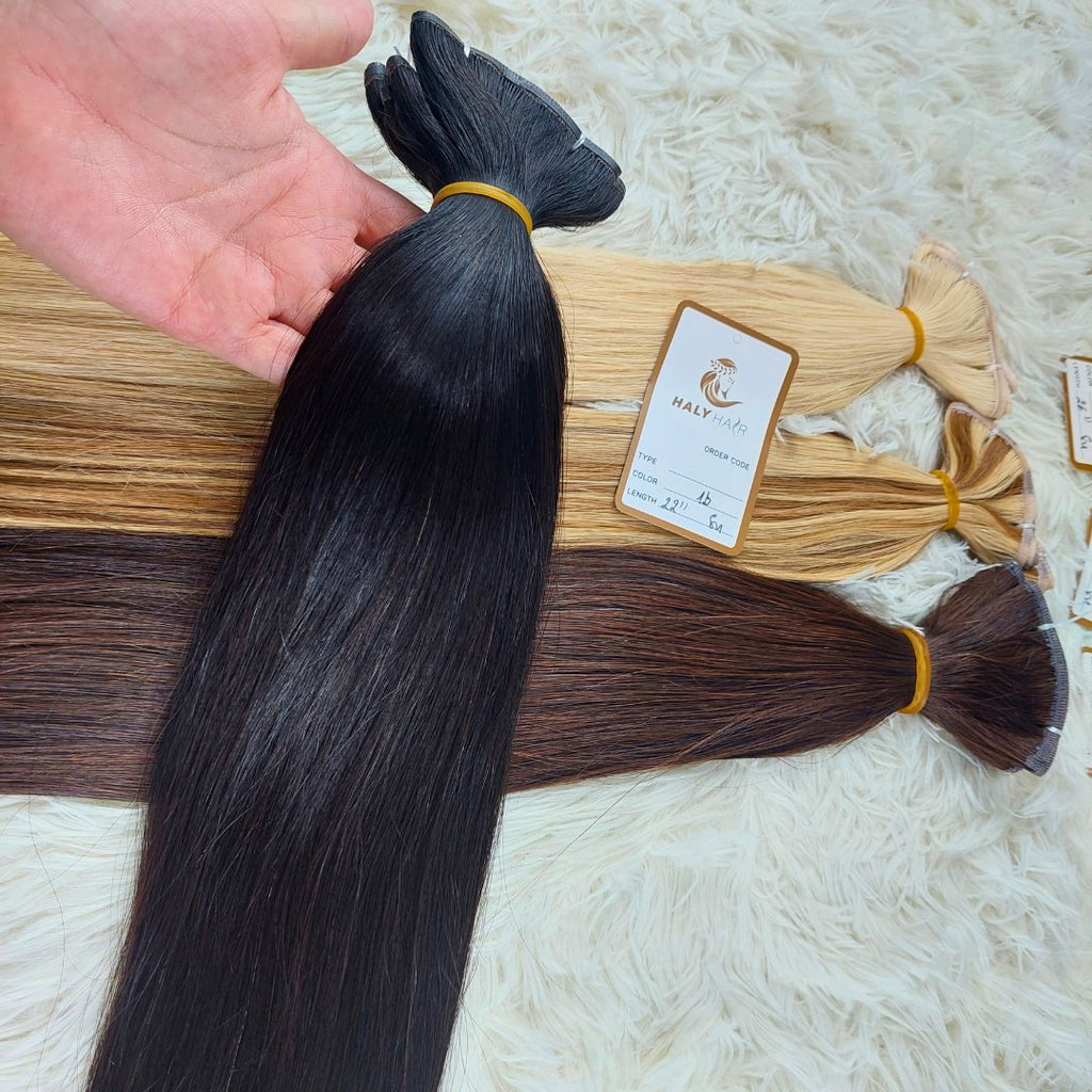 Flat weft and Genius Weft hair extensions Black color - HALY HAIR