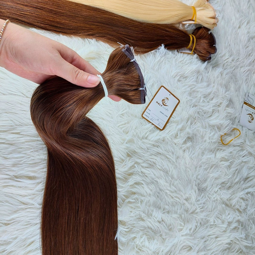 Flat Weft and Genius Weft hair extensions dark brown color - HALY HAIR