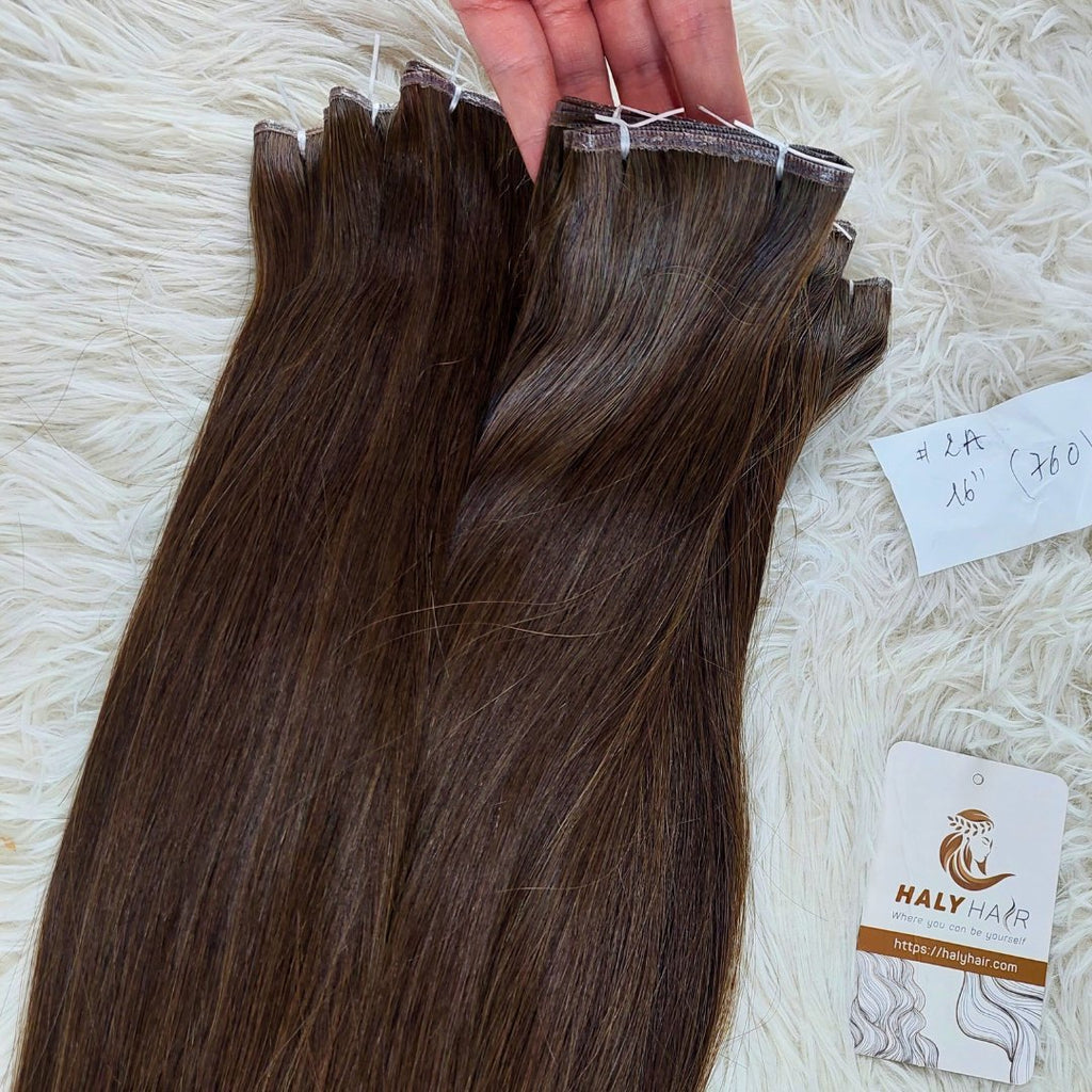 Flat Weft and Genius Weft hair extensions dark brown color - HALY HAIR