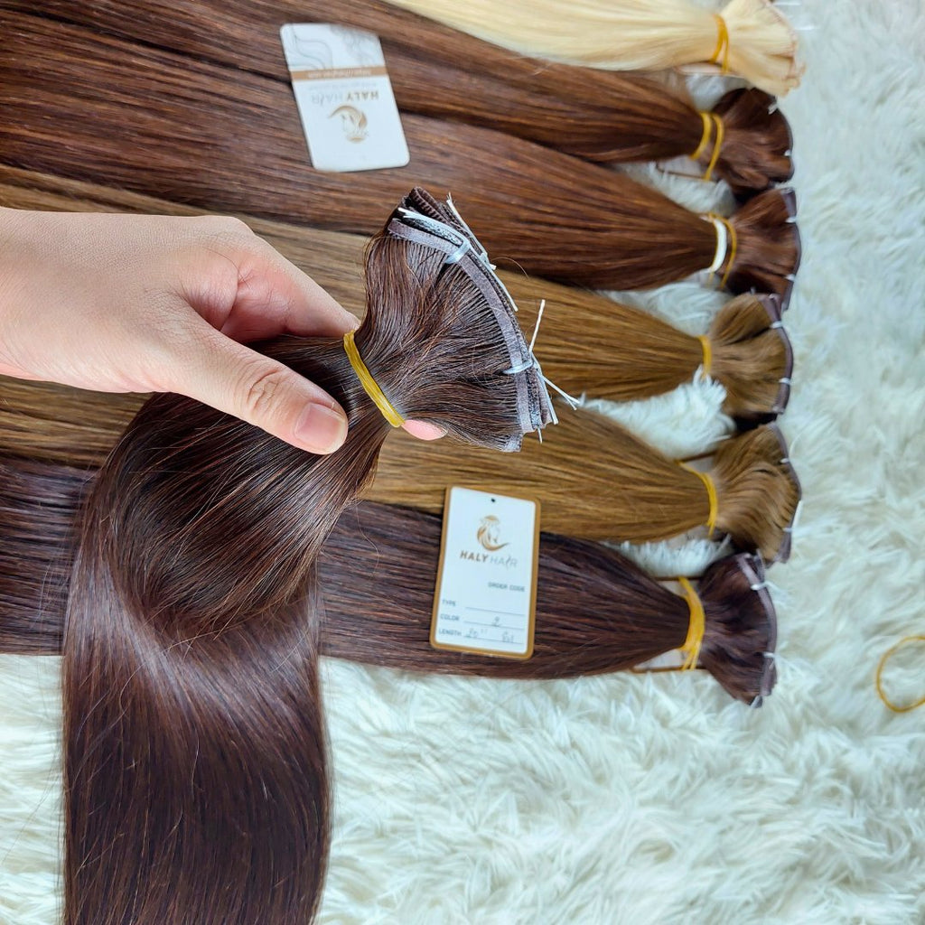 Flat Weft and Genius Weft hair extensions dark brown color - HALY HAIR