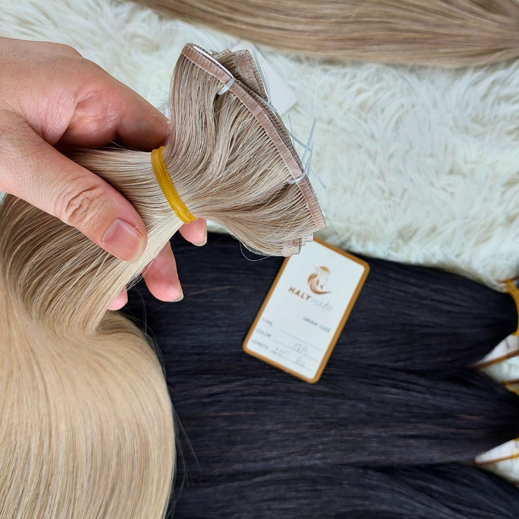 Flat Weft and Genius Weft hair extensions light blonde color - HALY HAIR