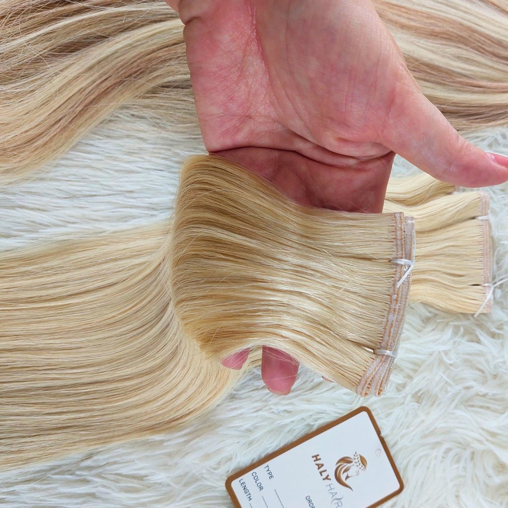 Flat Weft and Genius Weft hair extensions light blonde color - HALY HAIR