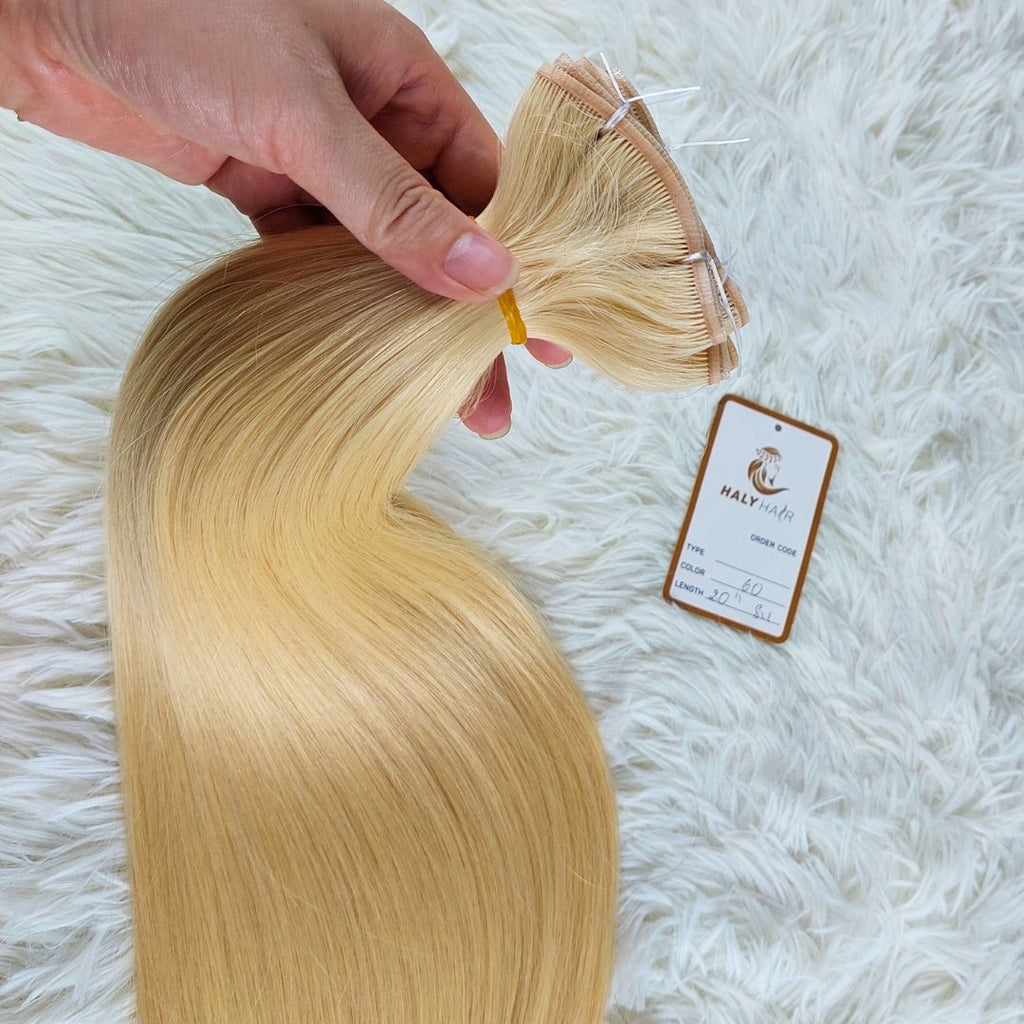 Flat Weft and Genius Weft hair extensions light blonde color - HALY HAIR