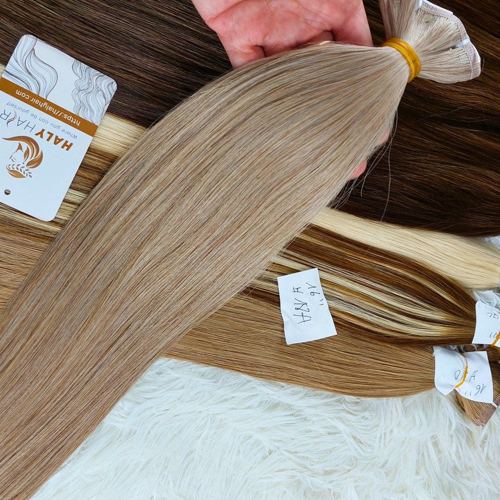 Flat Weft and Genius Weft hair extensions medium blonde color - HALY HAIR