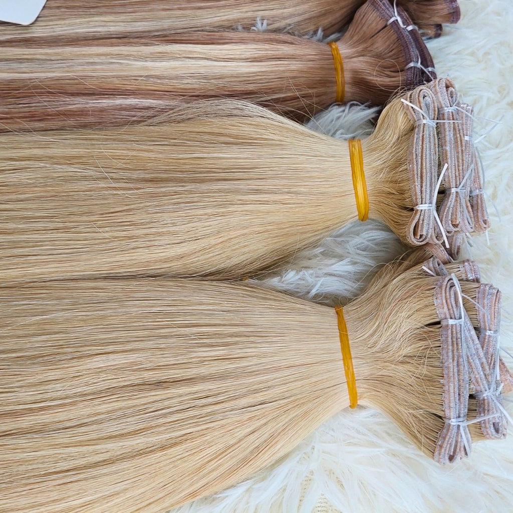 Flat Weft and Genius Weft hair extensions medium blonde color - HALY HAIR