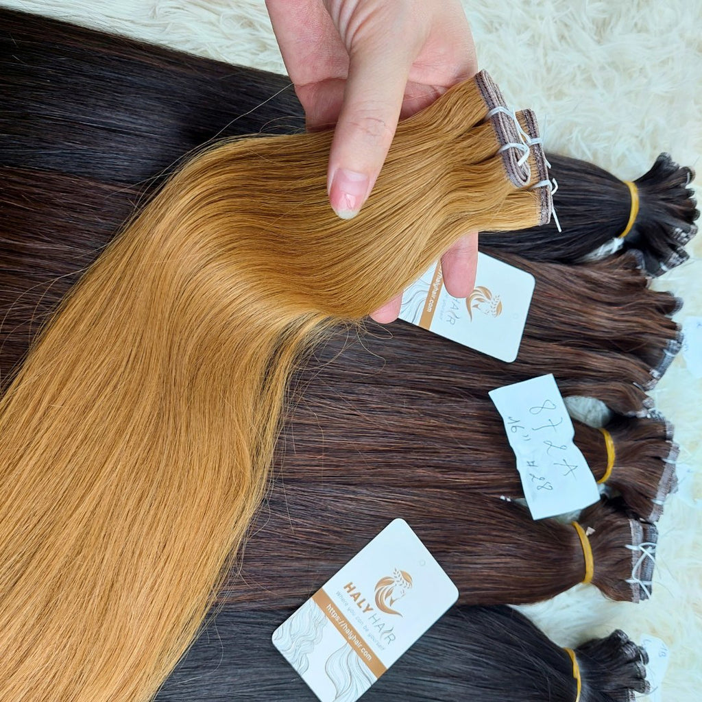 Flat Weft and Genius Weft hair extensions medium blonde color - HALY HAIR