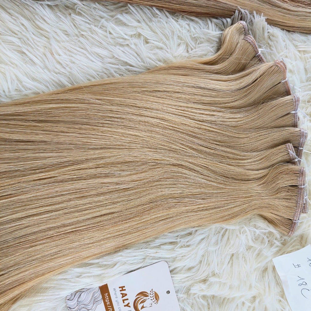 Flat Weft and Genius Weft hair extensions medium blonde color - HALY HAIR