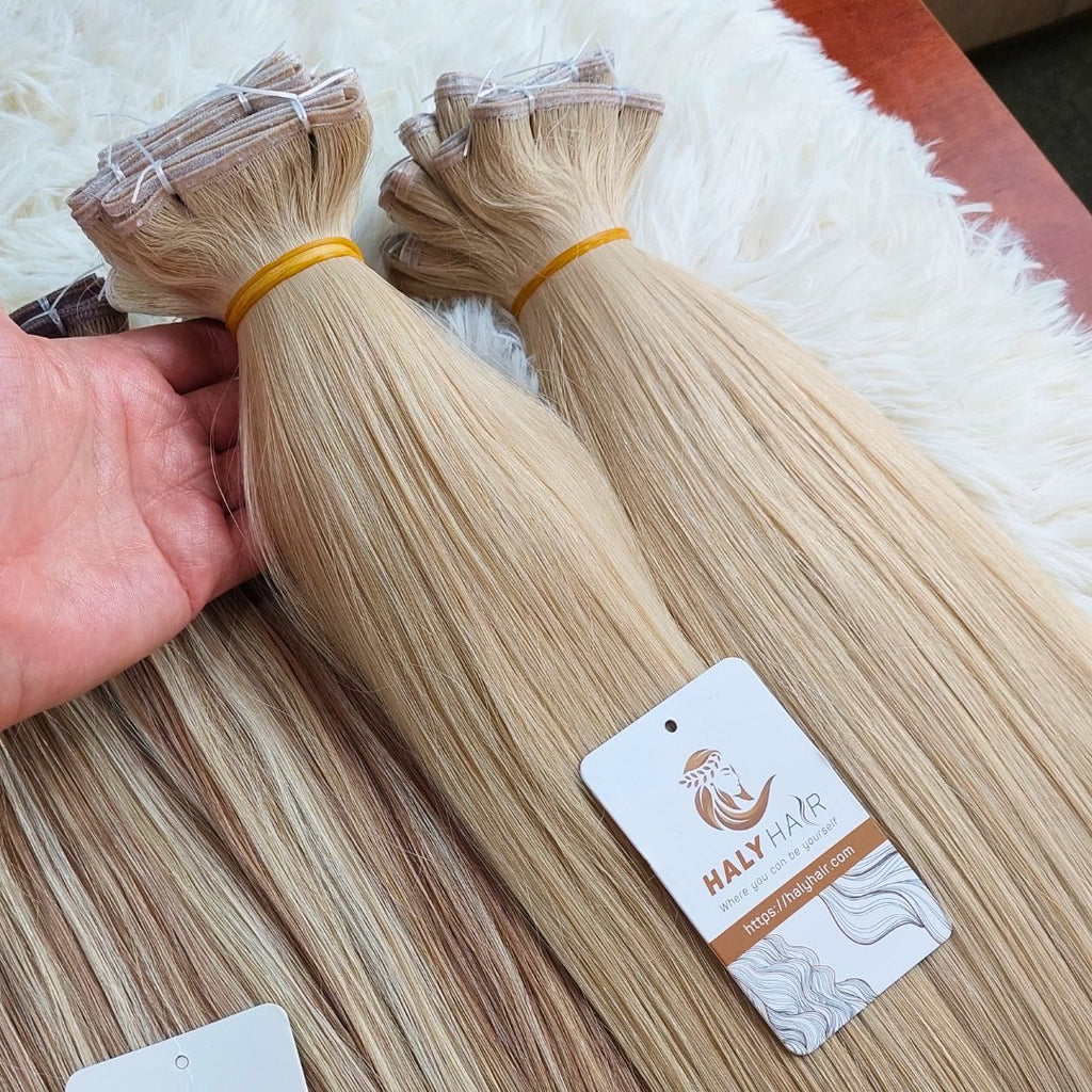 Flat Weft and Genius Weft hair extensions medium blonde color - HALY HAIR