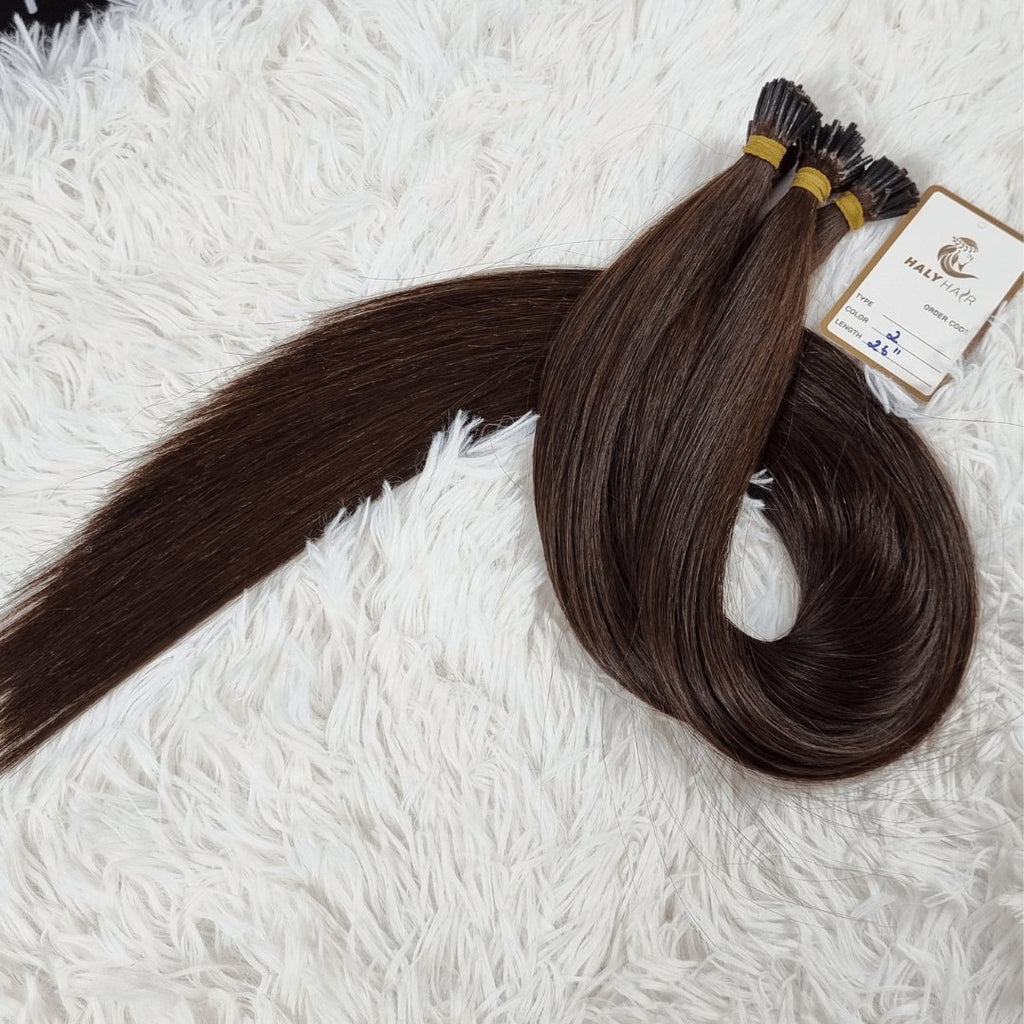 Keratin hair extensions dark brown color - HALY HAIR