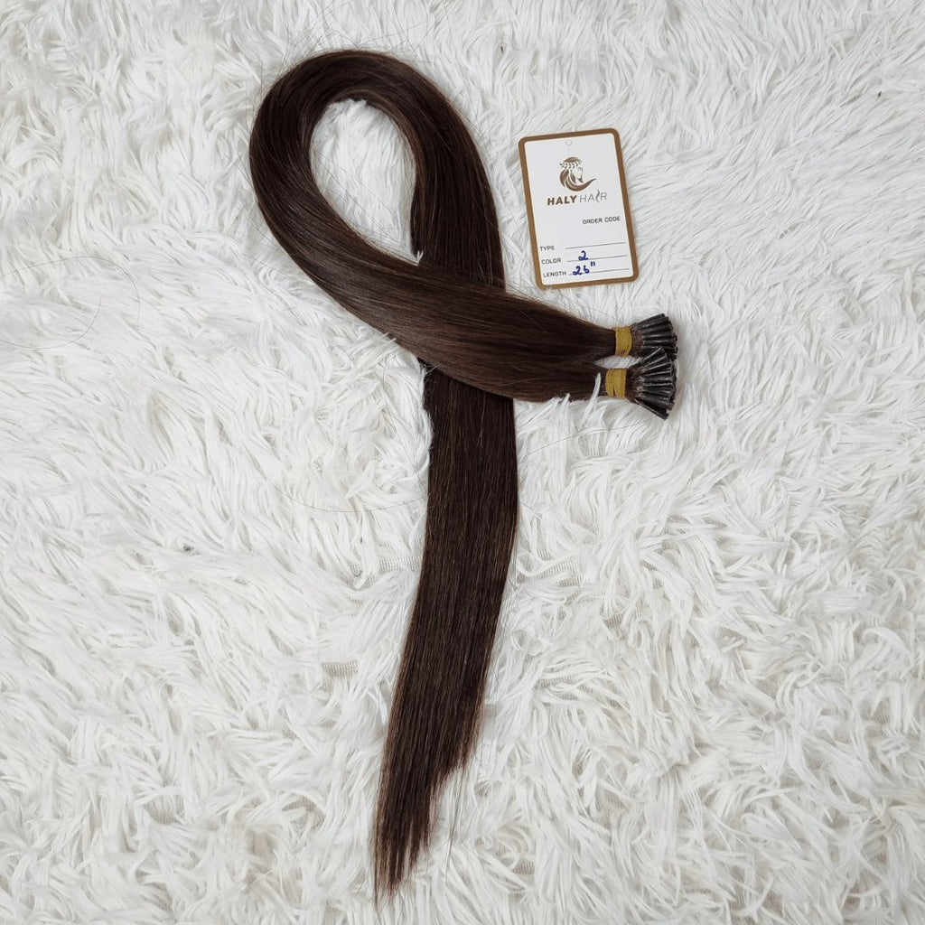 Keratin hair extensions dark brown color - HALY HAIR